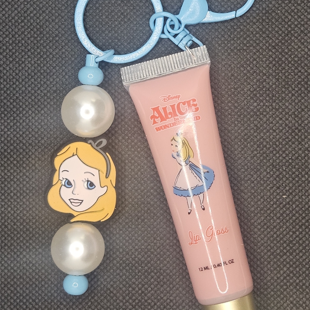 Disney Alice in Wonderland Blue and Pink Lip Gloss with Keychain